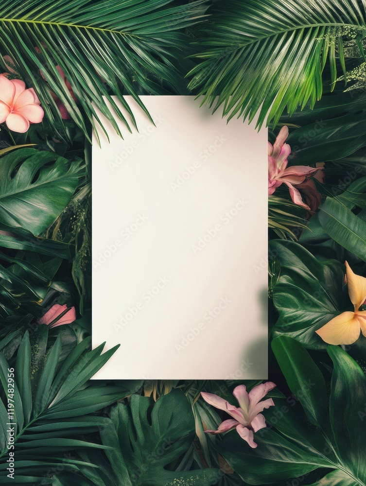 Poster mock up space framed by vibrant tropical leaves and flowers for creative text applications. generati
