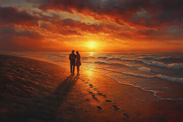 Naklejka premium a painting of two people standing on a beach at sunset with the sun setting behind them and the ocean in the background