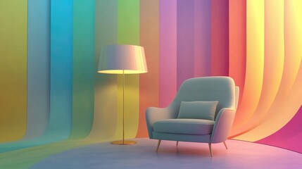 Modern interior design featuring a stylish armchair and a floor lamp against a colorful wavy backdrop with copy space for text.