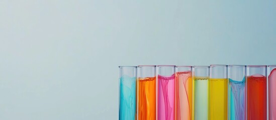 Fototapeta premium Colorful test tubes filled with liquid in various shades against a light blue background with Copy Space for text placement.