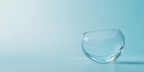 Transparent glass bowl with curved design on soft blue background with copy space for text or product placement
