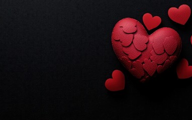 Obraz premium A vibrant red heart surrounded by smaller hearts, all set against a deep black background, radiating love and passion for Valentine's Day.