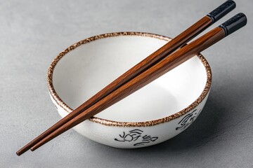 Elegant wooden chopsticks rest on a simple white bowl with intricate design details, showcasing traditional dining utensils set against a textured gray surface