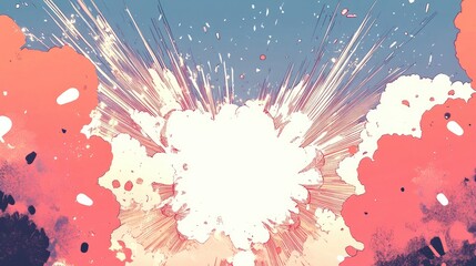 Colorful explosive blast with dynamic splashes of orange and white against a blue background, Copy Space for text placement.