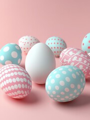 3D Illustration. Easter eggs with different patterns on pastel color isolated background. Happy Easter concept.