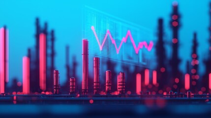Naklejka premium A vibrant digital visualization of data trends with neon pink and blue hues, featuring a fluctuating graph overlaid on a cityscape of tall structures.