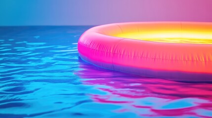 Obraz premium Colorful inflatable ring floating in water with vibrant lighting reflections and copy space for text