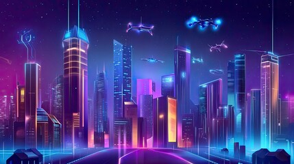 Neon cityscape, flying vehicles, futuristic night.