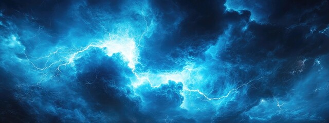 Fototapeta premium Dramatic blue lightning storm with dark clouds and intense electric discharge luminous background Copy Space