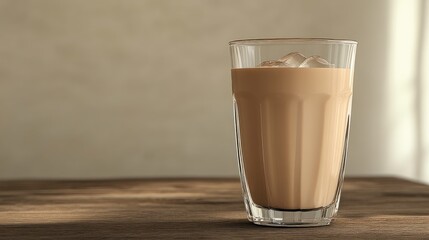 Iced coffee in a glass on a wooden table with natural lighting and copy space for text placement.