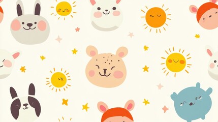 Naklejka premium Colorful cartoon pattern featuring cute animals and sunny faces on a light background