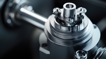 Industrial close-up of a precision-engineered metallic component with intricate details showcasing threaded design and mechanical features Copy Space