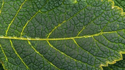 Close-up of a green leaf with water droplets showcasing intricate leaf veins and textures on a natural background with Copy Space.