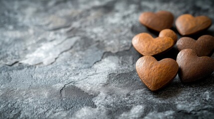 Wooden heart-shaped decorations on a textured stone surface with ample copy space for text placement. Perfect for love-themed designs.
