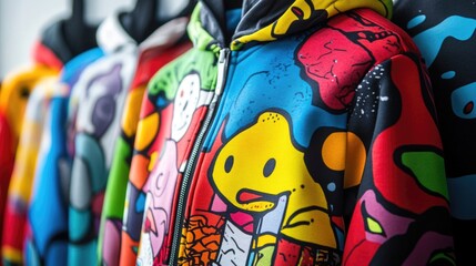 Colorful hooded sweatshirts with vibrant cartoon graphics hanging on display in a contemporary retail setting Copy Space