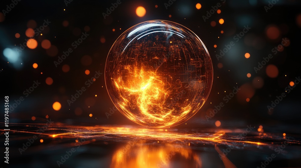 Aufkleber glowing orange energy sphere with digital patterns and spark effects on a dark background featuring 