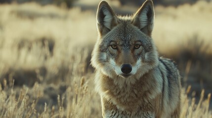 Obraz premium Coyote standing in golden grassland with a clear focus on its face and piercing eyes showcasing wildlife in natural habitat Copy Space