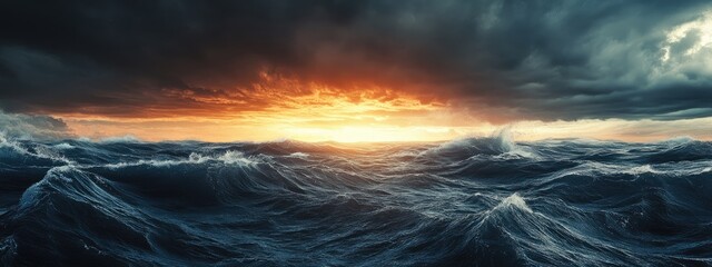 Fototapeta premium Dramatic ocean waves under dark clouds with vibrant sunset sky and copy space for text inclusion
