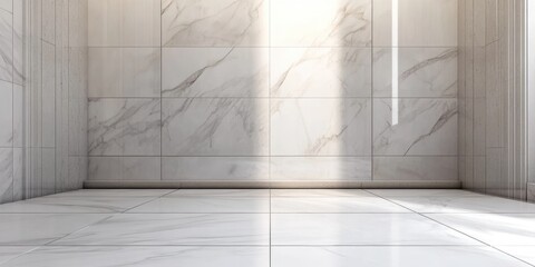 Obraz premium Modern marble interior with high gloss floor tiles and textured wall, ideal for showcasing design elements and Copy Space for text.