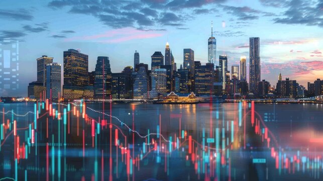 Cityscape, stock market data, financial analysis, nighttime - Powered by Adobe