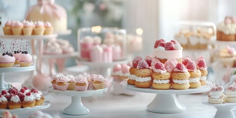 Assorted delicacies on dessert tables featuring cupcakes, pastries, and cream-filled treats with fresh strawberries and copy space