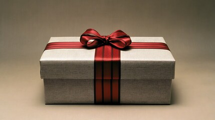 A gift box wrapped in gray paper with a red ribbon tied in a bow, resting on a brown surface.