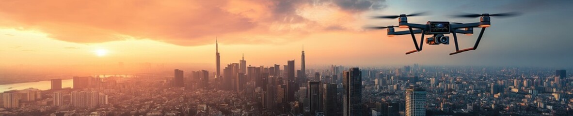 Fototapeta premium Drone flies over sunset city skyline.