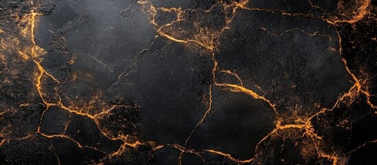 Black marble texture with golden veins and cracks suitable for backgrounds and designs featuring copy space.