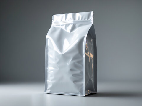 Glossy white quad-seal pouch packaging, standing upright against a neutral background, ideal for food or product branding.