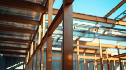 Wooden Framework Structure in Construction with Blue Sky and Copy Space for Text