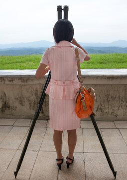 North Korean guide looking at south Korea from the wall section of the Demilitarized Zone, North Hwanghae Province, Panmunjom, North Korea