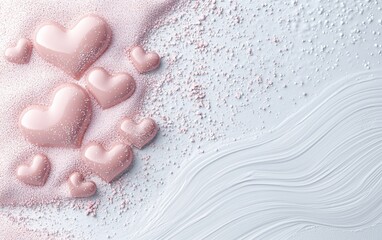 Fototapeta premium A vibrant pink surface adorned with numerous delicate hearts, each glistening with refreshing water droplets, celebrating love and affection.