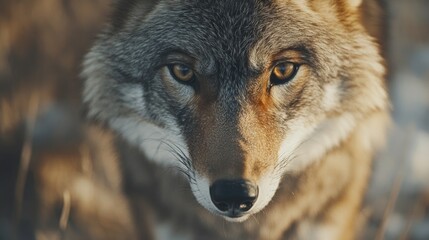 Obraz premium Close-up portrait of a wolf with piercing eyes and detailed fur texture surrounded by natural habitat and Copy Space for text placement.