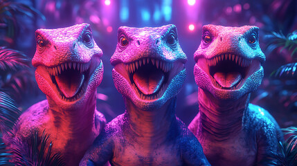 Three vibrant dinosaurs with exaggerated features smiling in a colorful, neon-lit jungle setting