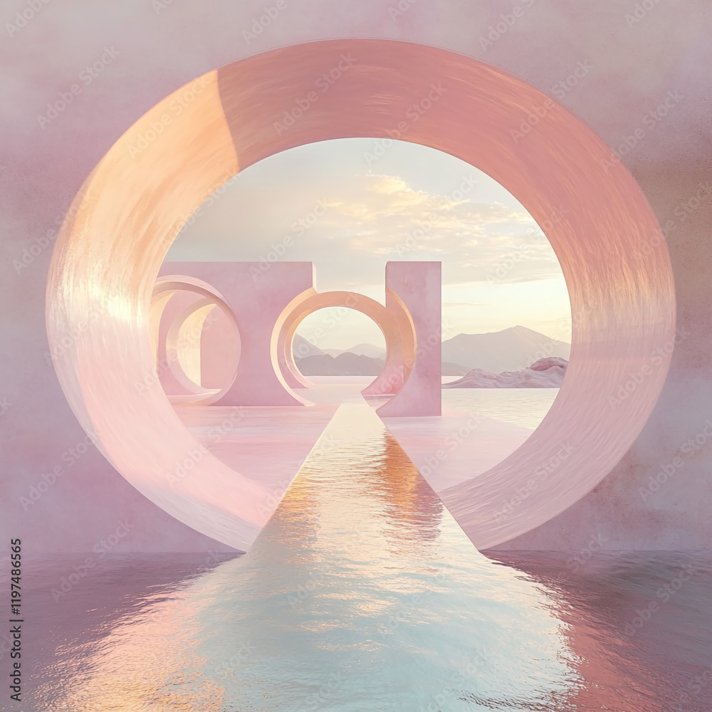 Poster abstract architectural design with circular arches and tranquil water reflections