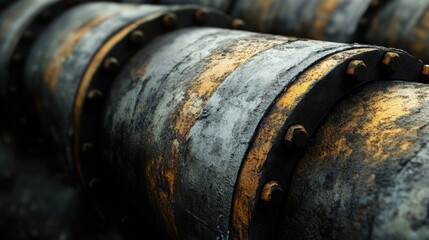 Industrial pipes with rust and corrosion details showing wear over time with Copy Space for text placement in design projects.