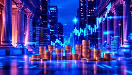 A futuristic financial district with a Wall Street backdrop, showcasing coin stacks, holographic charts, blue tones, cutting-edge financial technology, innovation, investment, and opportunity.