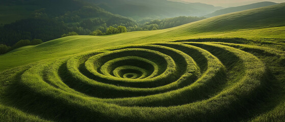 A majestic spiral hill features swirling patterns in lush greenery under soft afternoon light