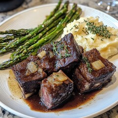 Short ribs braised in a delicious mix of red wine, beef broth, and fresh herbs, served alongside creamy garlic mashed potatoes and roasted asparagus.