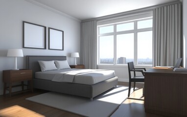 A contemporary 3D rendering of a bedroom with a dark wood desk, light gray bed, white wall background, a large window with simple curtains, and sleek wood flooring 