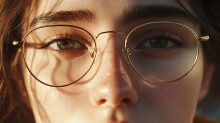 close-up of the eyes of a girl with glasses