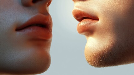 Obraz premium Close-up of two lips in profile highlighting skin texture and detail with soft lighting Copy Space available for text placement