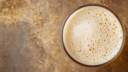 Aerial view of a frothy glass of beer on a textured brown background with ample copy space for text placement.