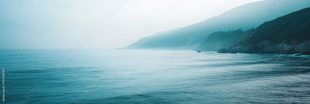 Aufkleber Serene coastal view with calm waters and misty mountains at dawn creating perfect space for text and copy. Generative AI
