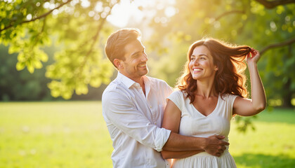 Fototapeta premium Loving couple enjoying a joyful moment under a tree, serene atmosphere
