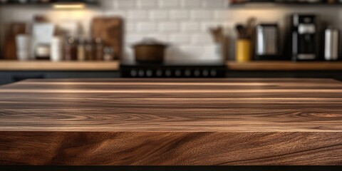 Wooden kitchen countertop with blurred kitchen background and copy space for text placement