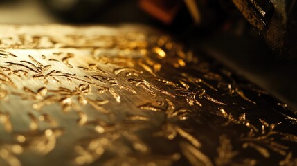 Intricately engraved golden foil background with floral patterns suitable for luxury designs and invitations featuring ample copy space.