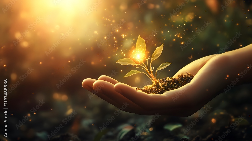 Poster a glowing seedling being nurtured by a gentle hand in a dreamy environment with sunlight, sparkles, 