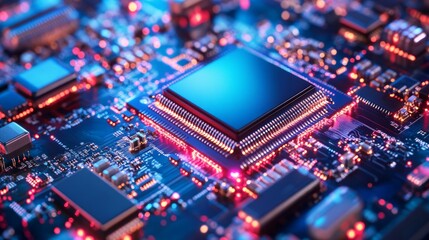 Fototapeta premium Close-Up View of Modern Microchip on Circuit Board with Lights