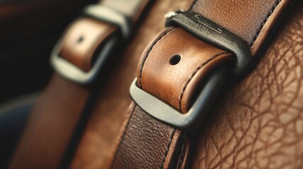 Close-up of leather belt buckle with textured brown leather background suitable for fashion or accessories Copy Space